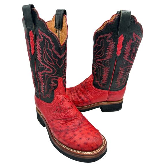 Lucchese Shoes - Lucchese 2000 8 Full Quill Ostrich Red Black Women’s Western Cowgirl Boots
